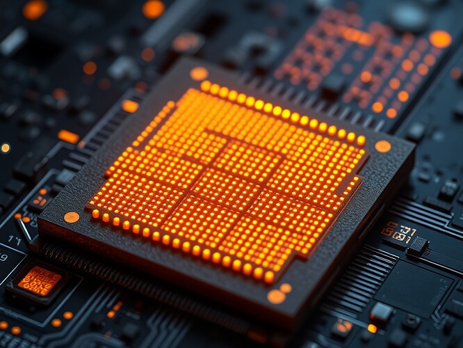 A 7-nm Dilithium ASIC die, cobalt quantum dots glowing like embers, surrounded by the shadows of a larger 5-nm die—visual metaphor for “past is bigger than present, but present is burning.”