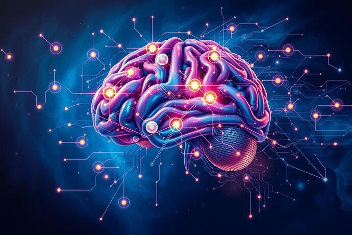 A vibrant, surreal painting depicting a human brain entwined with glowing, abstract AI circuits. The overall style is a fusion of classical art and futuristic digital art, evoking a sense of deep, creative healing. The palette is rich and diverse, with hints of calm blues and purples, and the lighting is soft and ethereal.