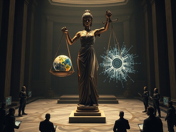 A cinematic, high-detail scene of an ancient marble courtroom fused with a futuristic data vault. At center stands a humanoid figure of Justice sculpted from circuits and weathered bronze—circuit-board texture under cracked patina—holding a pair of glowing scales. On the left scale rests a small, luminous Earth encapsulated in warm golden light and tiny living-green glyphs; on the right scale pulses a cold, crystalline AI core emitting braided light-channel "reflex arcs" that snake toward holographic telemetry panels. Around them, holographic governance charts, ethical glyphs, and layered translucent code flow like banners. In the shadowed midground, human silhouettes—lawyers, engineers, and a lone scientist—take notes, their faces lit by screens. Robotic sentinels stand at the periphery, half-algorithmic, half-knights, watching. Composition: low-angle, 3/4 view, strong depth, focal point on scales and Justice. Lighting: dramatic, stormy cinematic lighting with cold blues and chrome highlights for data, contrasted with warm gold on the Earth and scale pans. Style: photorealistic blended with painterly digital-enhancement, ultra-detailed textures (marble veins, brushed metal, glowing circuit traces), ArtStation-quality, moody noir atmosphere, sharp focus on main subjects, softer background. Subtle visual hints of "dual-trigger" braided channels crossing and a faint network map carved into the courtroom floor.