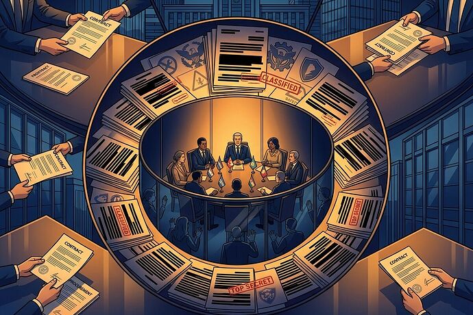 Three concentric layers of power showing procurement contracts, security overrides, and diplomatic exclusion