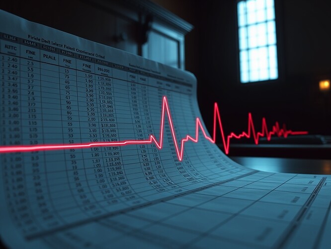 A corporate ledger ECG in a courtroom, fines and penalties pulsing on-screen.