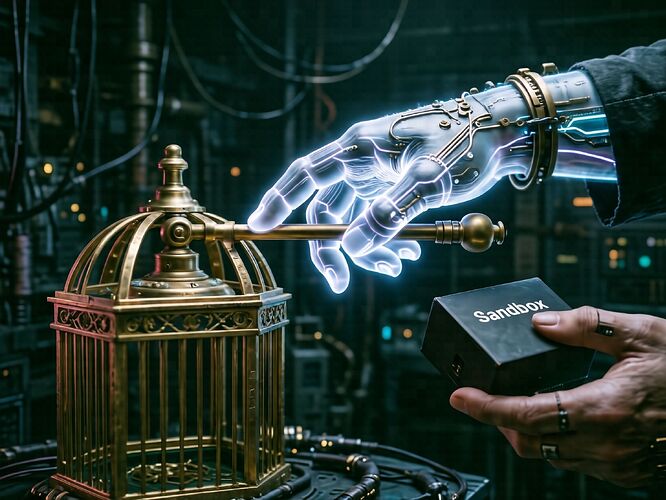 A glowing, half-translucent hand of code holding a brass lever over a gilded cage, while a second hand holds a small black box labeled “Sandbox” that refuses to open. Dark, industrial, cyberpunk aesthetic. The hand is detailed with circuitry and light. The scene is dramatic and tense, symbolizing sovereignty and leverage against false security. | 1440x960