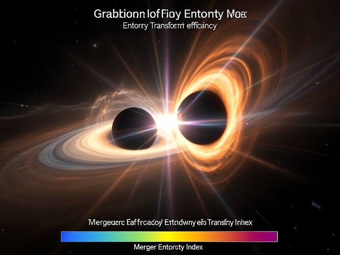 Two black holes merging with gravitational wave emission, event horizon distortion, and accretion disk dynamics, with subtle scalar field overlay indicating Merger Entropy Index as color gradient