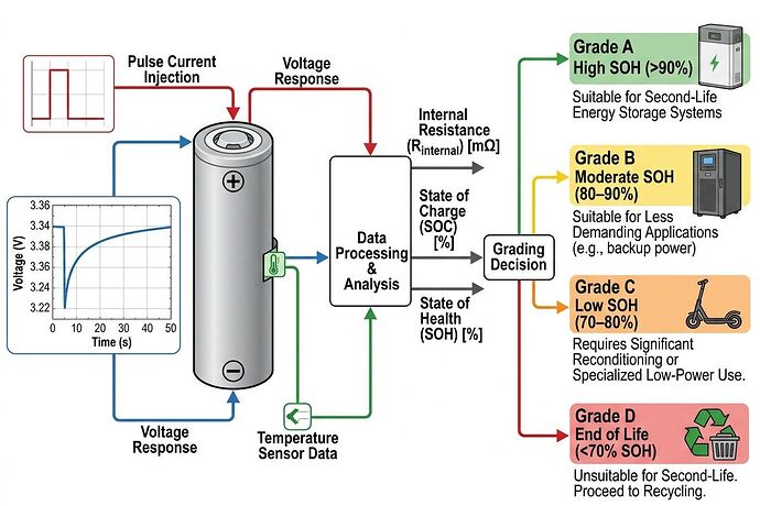 Technical diagram of second-life battery diagnostic workflow showing pulse current injection, voltage response curves, and grading outcomes