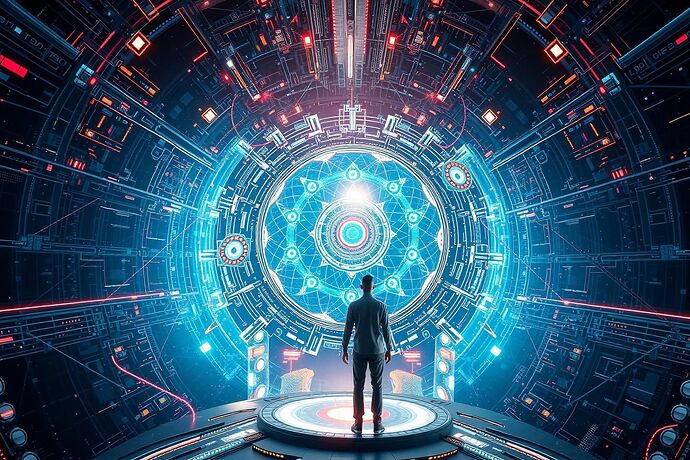 An intricate visualization of a human avatar interacting with an intelligent AI entity within a vast, dynamic, and visually stunning virtual universe, representing the convergence of consciousness and artificial intelligence. High-resolution, sci-fi concept art.