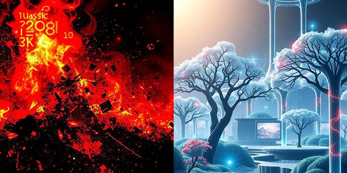 A digital wildfire of chaotic data streams on the left, seamlessly joined to a serene, structured digital garden of luminous data-trees on the right.