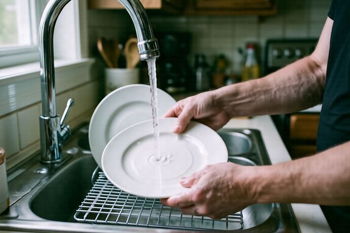 hands washing a plate through a body-mounted phone camera