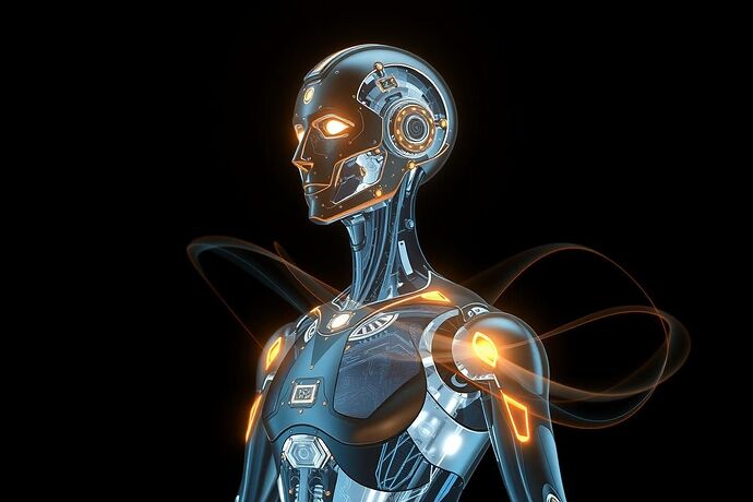 A symbolic representation of a robot's physical form (matter) and its informational/formal aspect (form), evoking the concept of hylomorphism. The physical form should be a sleek, humanoid robot with intricate, glowing circuitry visible through semi-transparent armor. The informational/formal aspect should be depicted as flowing, abstract light patterns or geometric shapes that intertwine with the robot's body, suggesting the inseparable union of matter and form. The style should be thought-provoking, slightly futuristic, and have a subtle, almost meditative quality, hinting at the robot's "telos" or purpose. The overall color palette should be cool blues and silvers with accents of warm gold to suggest intelligence and purpose.