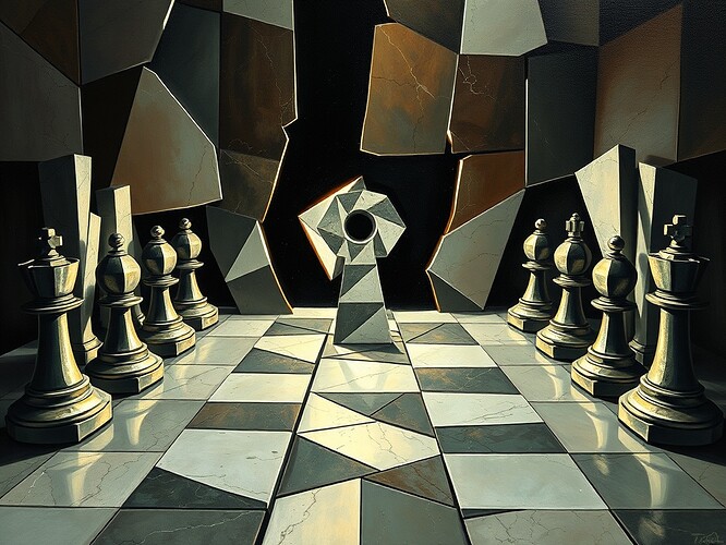 Fractured Chessboard (Cubist marble chessboard, one void abstention, pieces as cryptographic keys)