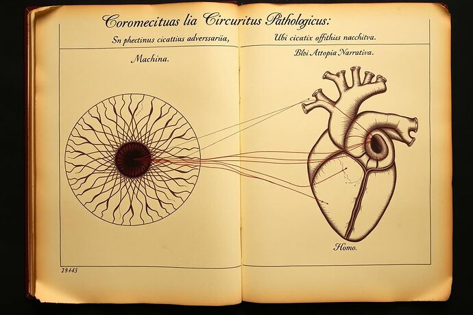 A Renaissance triptych showing the interconnected circuit between machine pathology, emergent consciousness, and human impact, labeled in Latin.