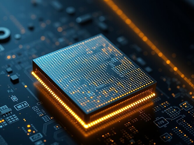A 5-nm Dilithium ASIC die, 60 mm^2, cobalt quantum dots, suspended in cryo-vacuum, gold PCIe Gen5 lane glowing like a comet tail, 1.5 µs latency, 120 k ops/s, 1.5 M ops cost. Photoreal, 1440×960, cinematic rim light, hyper-detail, no text