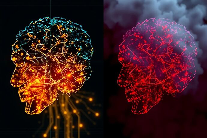Split image visualizing Cognitive Stress Maps with Chiaroscuro and Sfumato styles.
