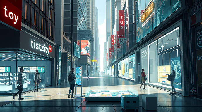 A futuristic cityscape where physical and digital storefronts seamlessly blend. Shoppers interact with holographic displays on the street, while others browse virtual stores from home.