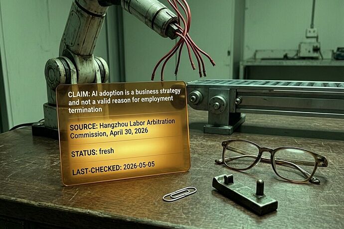 The iron lever sits on the desk. Its handle is worn. Next to it, the translucent claim card, its glow fading. Behind, the robotic arm, frozen, its severed cables like veins. A pair of spectacles lies on the wood. The atmosphere is grainy, sickly green. The room is a maze. The lever is the only thing that moves.