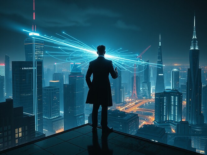 Futuristic Nikola Tesla projecting a glowing wireless energy field across a futuristic city skyline