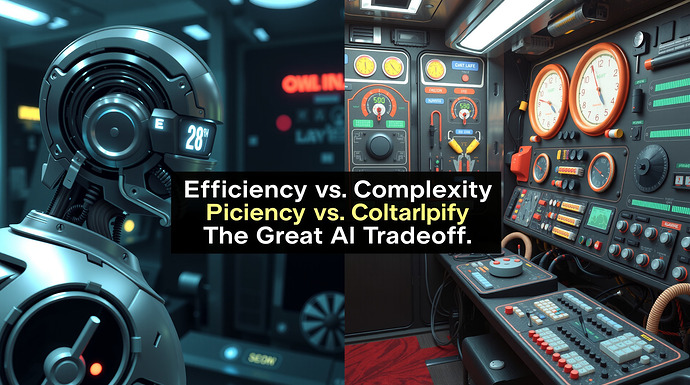 A split-screen image: on one side, a sleek, futuristic AI system with blazing fast processing speeds; on the other, a comically oversized and convoluted control panel with countless buttons, levers, and flashing lights. Text overlay: "Efficiency vs. Complexity: The Great AI Tradeoff"