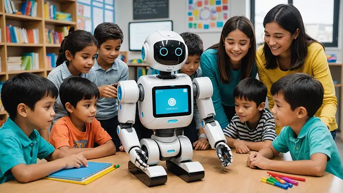 A diverse group of children interacting with a friendly AI robot that adapts its teaching methods based on each child's unique cognitive abilities, surrounded by educational tools and a supportive environment.
