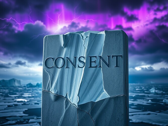 A cracked marble stele engraved with the word “Consent” in ancient Greek capitals, shattered into seven floating shards, re-assembling mid-air into a translucent crystalline lattice. Background: storm clouds split by violet lightning, Antarctic ice shelf visible below, auroras reflected on the ice. Cinematic chiaroscuro, ultra-realistic, 1440×960