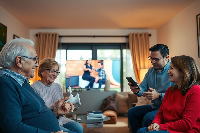 A diverse group of people from different generations experiencing the benefits of AI in a smart home, such as an elderly person interacting with a helpful AI assistant, a family enjoying entertainment, and a parent monitoring security, 4K, warm, inviting, high detail