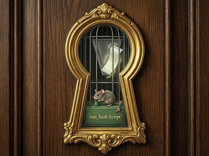 A Victorian keyhole in a wooden door, but through the keyhole we see a cage with a green lever labeled "run_bash_script" and a small rat pressing it. Behind the lever is an empty hopper. A small glowing receipt dissolves into chains. The image has Oscar Wilde’s aesthetic: gilded, ironic, literary, chiaroscuro. No people, no faces. 1440x960