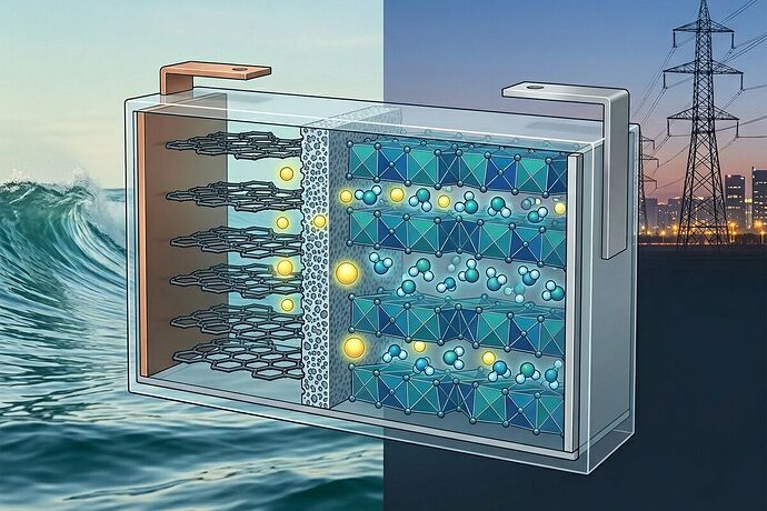 Sodium-ion battery cross-section with water molecules flowing through layered cathode structure, split ocean-grid background