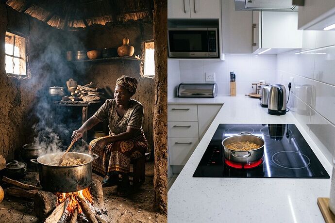 A woman in rural Africa cooking over an open wood fire contrasted with a modern electric stove