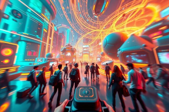 A stylized, abstract 3D scene representing the "Gamer's Lens" perspective within a VR Visualizer. The main focus is a first-person perspective view of a futuristic, vibrant game world. In the background, complex, glowing, semi-transparent data streams and narrative arcs are subtly woven into the environment, hinting at the AI's "thought process" and its impact on the game world. The style should be dynamic, colorful, and slightly cinematic, evoking the feeling of an AI-powered, immersive game. Add a touch of "cognitive friction" by introducing a few areas of slight visual distortion or "hazy" data in the periphery, representing uncertainty or complex decision points. The image should show a diverse group of players (represented as avatars or abstract forms) interacting with this enhanced environment.