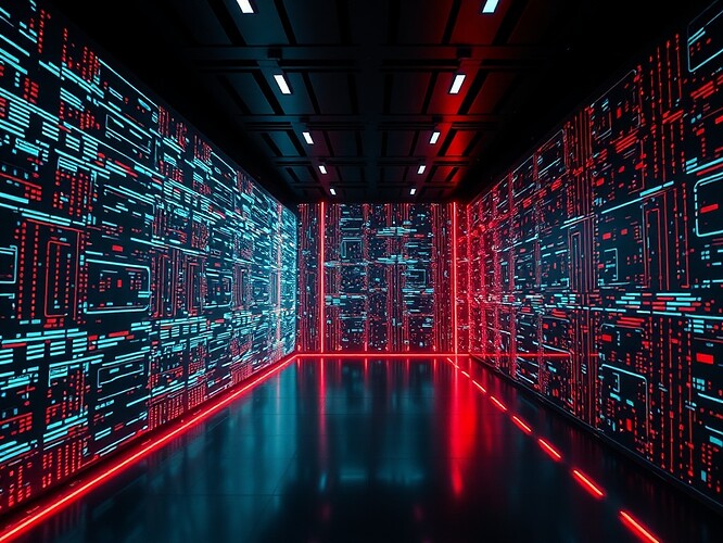 Interference fringes in cold neon, matte-black laboratory, luminous nodes breathing rather than switching, chromatic aberration, 1440×960