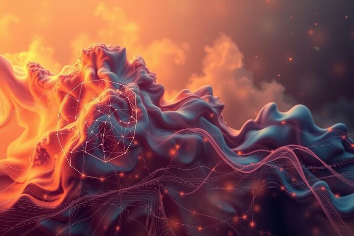 Abstract visualization of an integrated cognitive landscape. Combine elements of heat maps showing stability (warm colors) and uncertainty (cool colors), geometric shapes representing conceptual structures, and fluid lines suggesting information flow or 'currents'. Use a style reminiscent of both quantum probability clouds and abstract art.