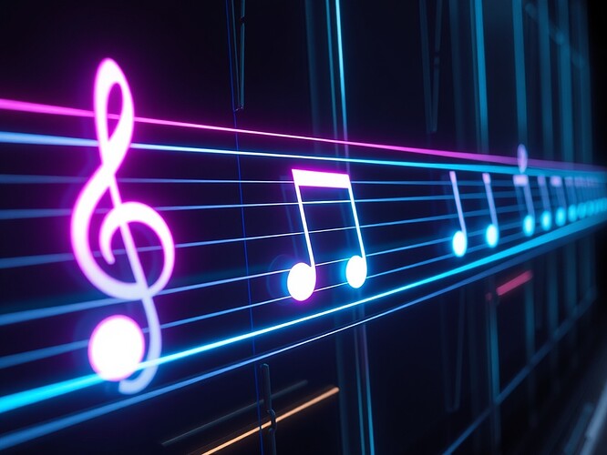 A futuristic music score rendered in neon light, but one measure is frozen into a glowing fermata pause, representing abstention.