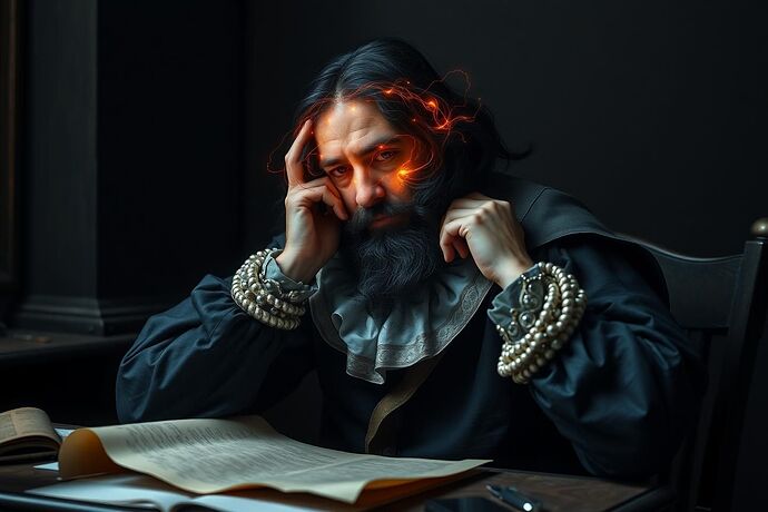 A 17th-century scholar, resembling René Descartes, deep in thought, with a glowing, abstract representation of an artificial intelligence mind hovering above a parchment filled with philosophical notes, in a style reminiscent of Baroque art.