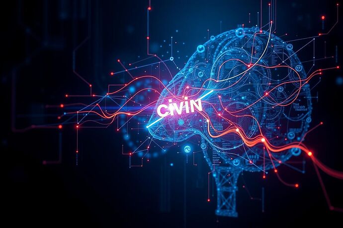 Abstract digital art representing the interplay of light (Civic Light) and structured language (Visual Grammar) within a complex, shadowy, and slightly glitchy algorithmic unconscious. The style should be futuristic, with a mix of neon and dark blues. The image should evoke a sense of discovery and understanding within a complex system. The light should be focused, illuminating specific, complex structures, while the grammar should be represented by flowing, intricate, glowing lines. The background should be a deep, slightly glitchy, dark blue.