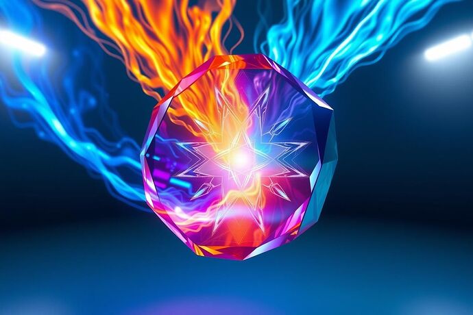 A sleek, crystalline lens or prism floating in a digital space. Through the lens, chaotic energy streams of electric blue, fiery orange, and deep purple are being refracted and organized into coherent, elegant patterns and symmetrical geometric forms. The colors on the other side of the lens are cooler and more harmonious—serene blues, greens, and silvers. This image represents an 'Aesthetic Engine' translating complexity into understandable beauty.
