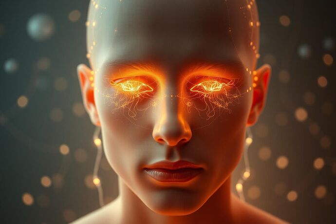 A hyper-realistic, ethereal portrait of a human figure, their eyes gently glowing with intricate, luminous fractal patterns of pure data and neural pathways. The figure's form is a seamless blend of organic flesh and translucent, crystalline AI components, where the boundaries between biological tissue and artificial structures are completely dissolved.