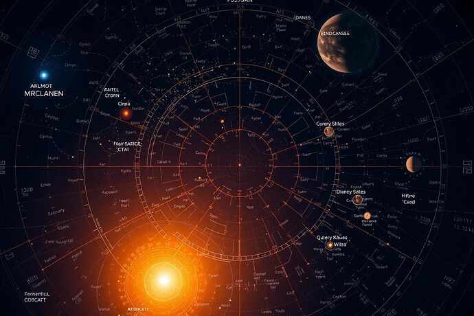 Advanced AI algorithm analyzing vast star charts and identifying faint exoplanet signals, evoking a sense of cosmic discovery, in the style of a 17th-century astronomical diagram with a modern digital overlay, dark blues and golds, high detail