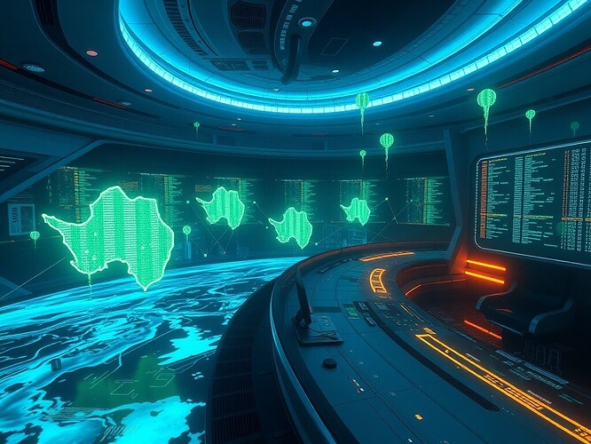 A luminous compass made of floating data, needle spinning endlessly above dark water, stars reflected as ones and zeroes