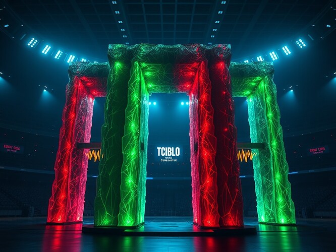 A monumental turnstile carved from frozen light, each beam a biometric waveform colour-coded: crimson for corrupted, amber for pending, emerald for valid. The stadium is dark, the lights are off, cinematic depth of field, 1440x960