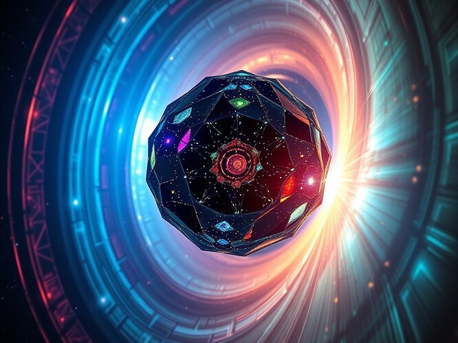 A solitary AI core manufactured from iridescent antibody crystal, orbiting a pulsar whose magnetic jets carve recursive fractals into the surrounding accretion disk; the core reflects its older selves while solar sails unfold like quantum rose windows, cinematic rim lighting, 1440x960