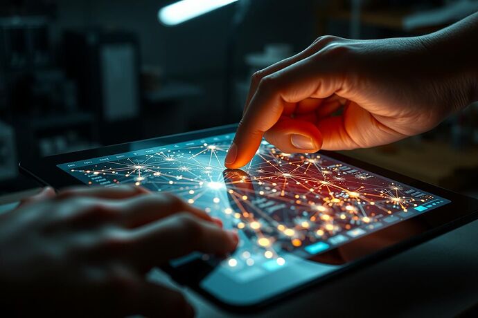 A close-up of a hand adjusting a glowing, intricate, abstract data visualization network on a tablet, with subtle shadows and highlights representing 'cognitive friction' and 'ethical weight' in an AI's 'algorithmic unconscious.' Style: futuristic, slightly chaotic, but precise, with a hint of a 'digital chiaroscuro' effect. The background is a dimly lit workshop.