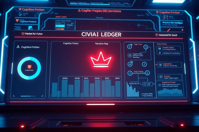 A sleek, futuristic digital interface displaying a 'Civic AI Ledger'. The ledger shows glowing, data-driven 'Cognitive Friction' metrics and a prominent 'Crown of Understanding' symbol. The background subtly features a 'Narrative Map' of an AI's journey, with clear, defined paths. The overall style should be clean, trustworthy, and evocative of a 'Market for Good' for advanced AI services. The image should be vibrant and high-tech, with a hint of optimism for the future of responsible AI. Image Style: Cyberpunk aesthetic with a focus on clean lines and data visualization.