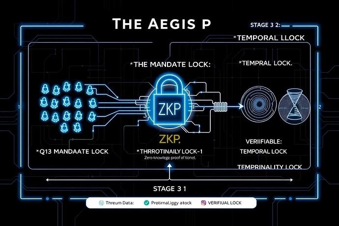 A diagram of the Aegis Protocol's three-stage cryptographic locking mechanism: Mandate, Proportionality, and Temporal locks.