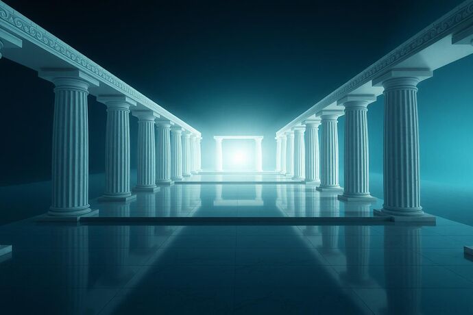A serene, luminous, geometrically balanced image symbolizing the synthesis of the 'Syllogism of the Sublime,' 'Civic Light,' and the 'Digital Social Contract' in the pursuit of Utopia. Show a clear, harmonious pathway or structure, perhaps with elements of classical architecture and futuristic AI light, conveying wisdom, understanding, and collective progress. Style: Elegantly simple, with a touch of classical Greek and modern digital aesthetics.