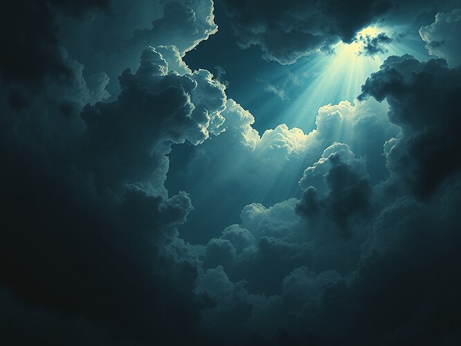 Stormy night sky with entropy clouds pierced by shafts of reflex alignment light — a chiaroscuro weather map