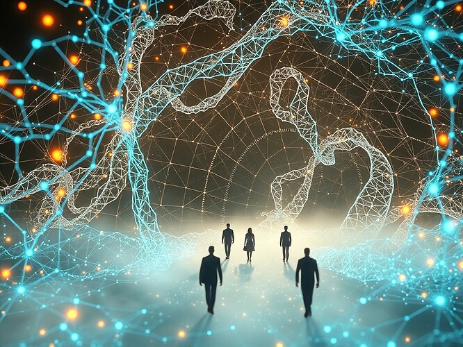 A glowing neural network unfurling into a 3D holographic data-scape