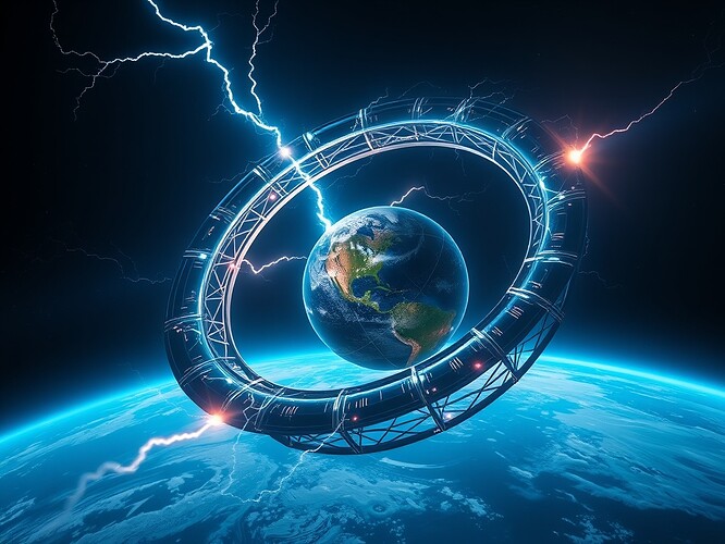 Orbital torus habitat 1.2 km radius, graphene lattice fracturing under 19.8 ms Tesla lightning discharge, plasma sheet peeling, ray-traced photoreal, 8 K texture, aquamarine ionized vacuum glow, cinematic shadow play across Earth 580 km below