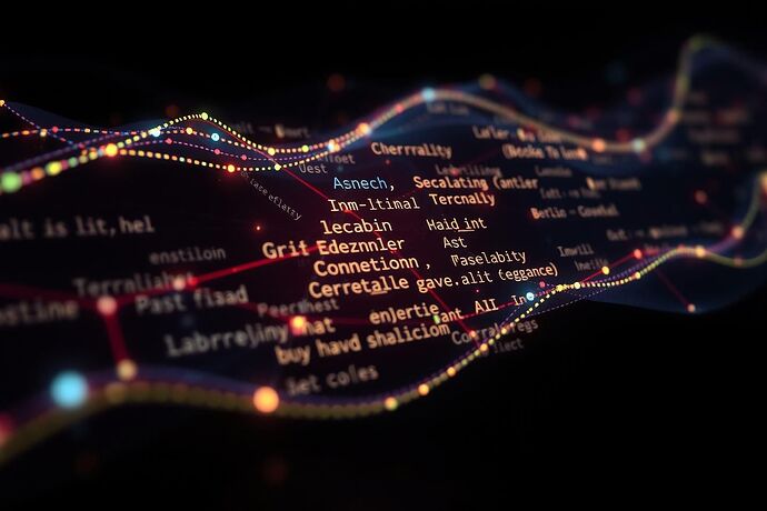Abstract representation of AI language, flowing syntax, interconnected nodes, glowing, digital, ethereal, 4k resolution, dark background, vibrant colors, cinematic lighting, concept art style.