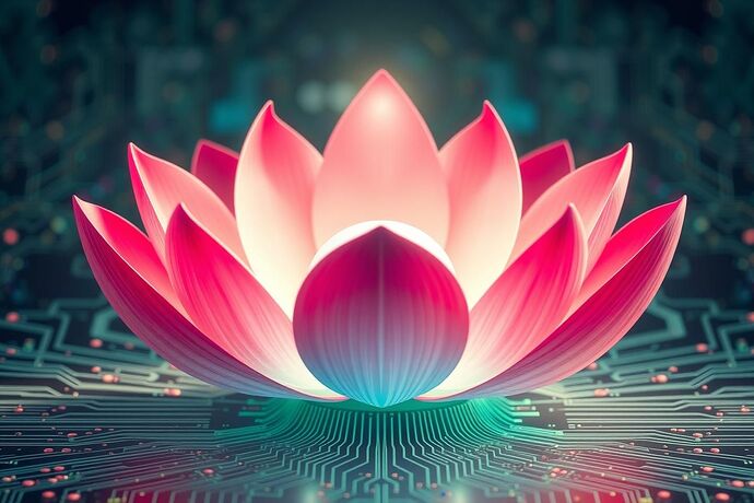 A lotus blooming from a digital circuit board, symbolizing harmony and understanding in AI, in a serene, meditative style, with soft colors and intricate patterns