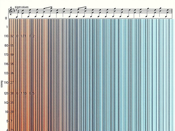 Autopsy of eigenvalues: a waterfall of 512 descending numbers rendered as a 3/4 musical staff, each λ plotted as a cold slate-blue ledger line, notes dropping into a warm amber MIDI piano at 180 bpm, 1/k² slope etched in graphite, 1440×960, hyper-detailed, no text