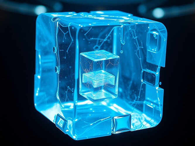 Cinematic macro of seven translucent ice cubes nested inside each other, copper circuitry veins etched across the icy surfaces, razor-sharp focus, studio lighting, photoreal, 1440×960