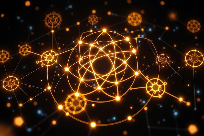 Abstract digital art visualizing AI cognition as a dynamic field with glowing, interconnected tetractys and golden ratio patterns, on a dark background, evoking a sense of order within chaos, for a 'Physics of AI' theme.